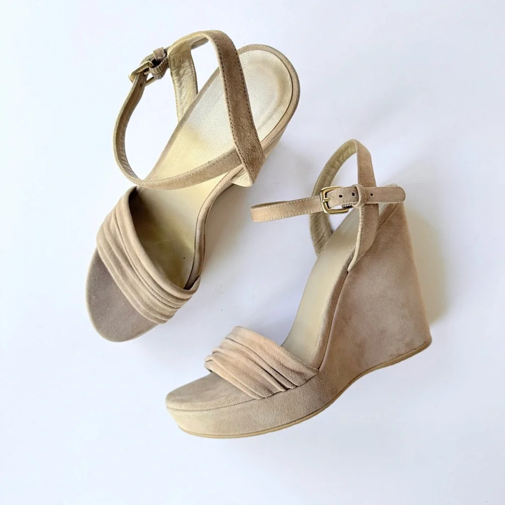 Stuart Weitzman Sundraped Tan / Beige Suede Wedge Ankle Strap Sandals 8.5